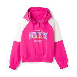 Pine Kids Cotton Knit Full Sleeves Hooded Sweatshirt With New York Print - Dark Pink & White