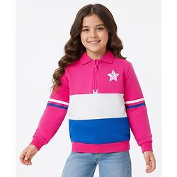 Pine Kids Cotton Knit Full Sleeves Sweatshirt With Star Print & Color Block Design - Dark Pink