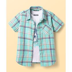 Pine Kids Cotton Woven Half Sleeves Checkered Shirt With T-Shirt - Aqua