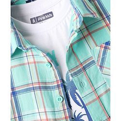 Pine Kids Cotton Woven Half Sleeves Checkered Shirt With T-Shirt - Aqua