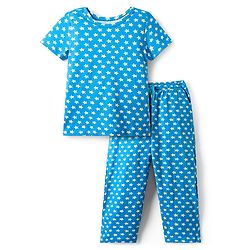 Pine Kids Single Jersey Knit Half Sleeves Co-ords Night Suit With Star Print - Teal Blue