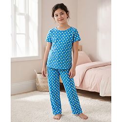 Pine Kids Single Jersey Knit Half Sleeves Co-ords Night Suit With Star Print - Teal Blue