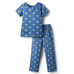 Pine Kids Single Jersey Knit Half Sleeves Co-Ord Night Suit With Star Print - Blue