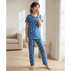 Pine Kids Single Jersey Knit Half Sleeves Co-Ord Night Suit With Star Print - Blue