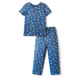 Pine Kids Single Jersey Knit Half Sleeves Co-Ord Night Suit With Star Print - Blue