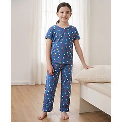 Pine Kids Single Jersey Knit Half Sleeves Co-Ord Night Suit With Star Print - Blue