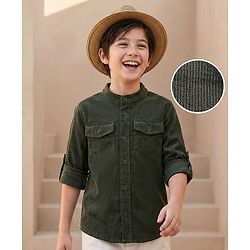 Pine Kids Corduroy Woven Full Sleeves Solid Shirt with Mandarin Collar & Front Pockets - Dark Olive Green