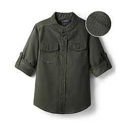 Pine Kids Corduroy Woven Full Sleeves Solid Shirt with Mandarin Collar & Front Pockets - Dark Olive Green