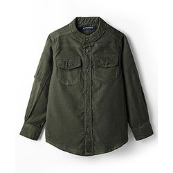 Pine Kids Corduroy Woven Full Sleeves Solid Shirt with Mandarin Collar & Front Pockets - Dark Olive Green