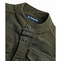 Pine Kids Corduroy Woven Full Sleeves Solid Shirt with Mandarin Collar & Front Pockets - Dark Olive Green