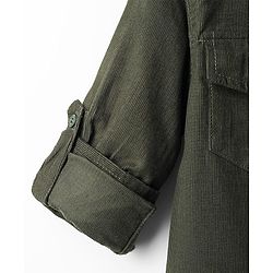 Pine Kids Corduroy Woven Full Sleeves Solid Shirt with Mandarin Collar & Front Pockets - Dark Olive Green