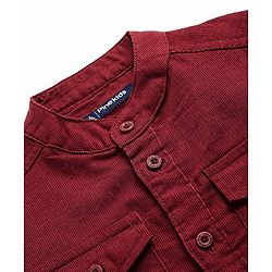Pine Kids Corduroy Woven Full Sleeves Solid Shirt with Mandarin Collar & Front Pockets - Dark Olive Green