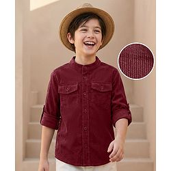 Pine Kids Corduroy Woven Full Sleeves Solid Shirt with Mandarin Collar & Front Pockets - Dark Olive Green