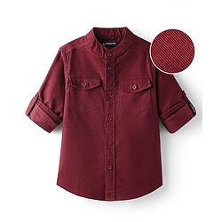 Pine Kids Corduroy Woven Full Sleeves Solid Shirt with Mandarin Collar & Front Pockets - Dark Olive Green