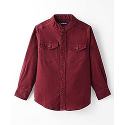 Pine Kids Corduroy Woven Full Sleeves Solid Shirt with Mandarin Collar & Front Pockets - Dark Olive Green