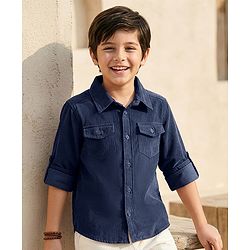 Pine Kids Corduroy Woven Full Sleeves Solid Shirt with Front Pockets - Navy Blue