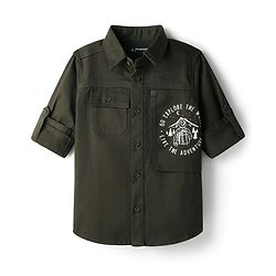 Pine Kids Cotton Woven Full Sleeves Solid Color Shirt with Go Explore Text Print - Olive Green