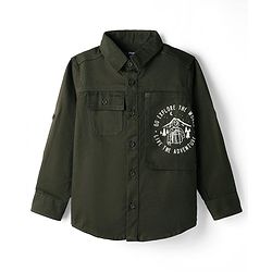 Pine Kids Cotton Woven Full Sleeves Solid Color Shirt with Go Explore Text Print - Olive Green