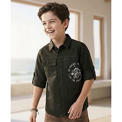 Pine Kids Cotton Woven Full Sleeves Solid Color Shirt with Go Explore Text Print - Olive Green