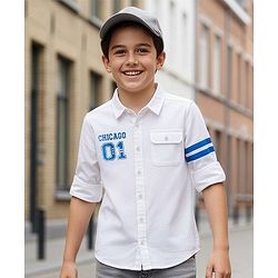 Pine Kids Cotton Woven Full Sleeves Shirt With Sport Theme Print - White