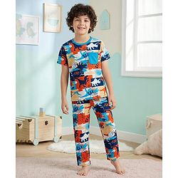 Pine Kids Single Jersey Knit Half Sleeves Co-ords Night Suit with Dino Print - White
