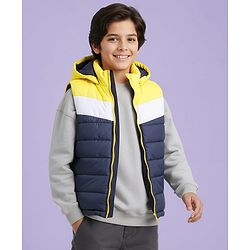 Pine Kids Woven Sleeveless Padded Hooded Jacket With Color Block Design - Navy Blue & Yellow
