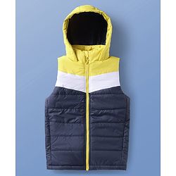 Pine Kids Woven Sleeveless Padded Hooded Jacket With Color Block Design - Navy Blue & Yellow
