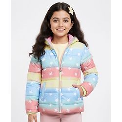 Pine Kids Woven Full Sleeves Hooded Padded Jacket With Star Print - Multicolor