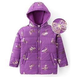 Pine Kids Woven Full Sleeves Hooded Padded Jacket With Foil Butterfly Print - Purple