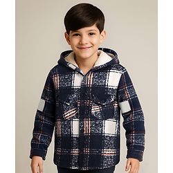 Pine Kids Woven Full Sleeves Hooded Winter Jacket With Checks - Navy Blue