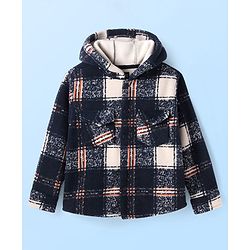 Pine Kids Woven Full Sleeves Hooded Winter Jacket With Checks - Navy Blue
