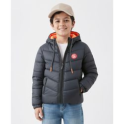 Pine Kids Woven Full Sleeves Hooded Padded Jacket With Kangaroo Pocket & Text Patch - Black