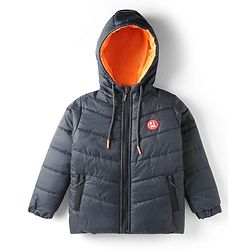 Pine Kids Woven Full Sleeves Hooded Padded Jacket With Kangaroo Pocket & Text Patch - Black