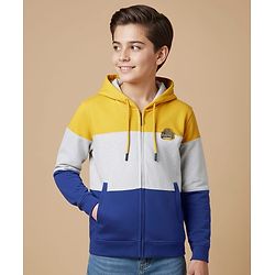 Pine Kids Cotton Knit Full Sleeves Cut & Sew Hooded Sweatjacket with Badge - Yellow Grey & Navy Blue