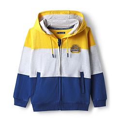 Pine Kids Cotton Knit Full Sleeves Cut & Sew Hooded Sweatjacket with Badge - Yellow Grey & Navy Blue