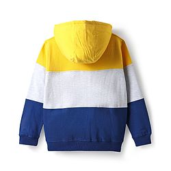 Pine Kids Cotton Knit Full Sleeves Cut & Sew Hooded Sweatjacket with Badge - Yellow Grey & Navy Blue