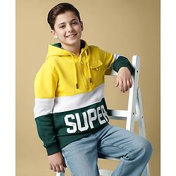 Pine Kids Cotton Knit Full Sleeves Hooded Sweatshirts With Super Text Print - Yellow & Green
