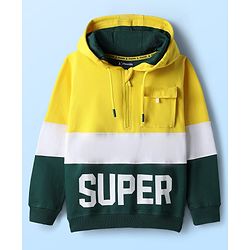 Pine Kids Cotton Knit Full Sleeves Hooded Sweatshirts With Super Text Print - Yellow & Green