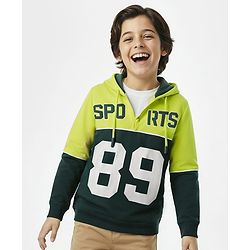 Pine Kids Cotton Knit Full Sleeves Hooded Sweatshirt With Number Print - Lime & Dark Green