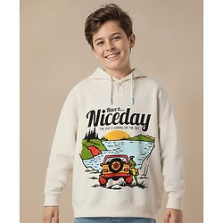 Pine Kids 100% Cotton Full Sleeves Vehicle Printed Hooded Sweatshirt  - Offwhite