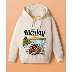 Pine Kids 100% Cotton Full Sleeves Vehicle Printed Hooded Sweatshirt  - Offwhite