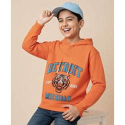 Pine Kids Cotton Knit Full Sleeves Hoodie with Tiger Print - Orange