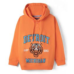Pine Kids Cotton Knit Full Sleeves Hoodie with Tiger Print - Orange