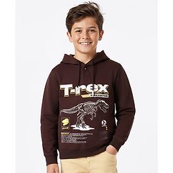 Pine Kids Cotton Knit Full Sleeves Hoodie with Dino Print - Brown