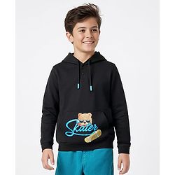 Pine Kids Cotton Knit Full Sleeves Hoodie with Kangaroo Pocket Front & Back Bear Print - Black