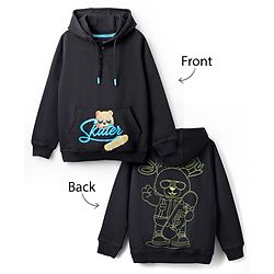 Pine Kids Cotton Knit Full Sleeves Hoodie with Kangaroo Pocket Front & Back Bear Print - Black