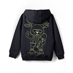 Pine Kids Cotton Knit Full Sleeves Hoodie with Kangaroo Pocket Front & Back Bear Print - Black