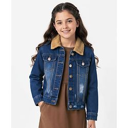 Pine Kids Cotton Woven Full Sleeves Solid Denim Jacket With Fur Detailing - Blue