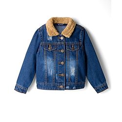 Pine Kids Cotton Woven Full Sleeves Solid Denim Jacket With Fur Detailing - Blue