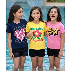 Pine Kids Cotton Knit Half Sleeves T-Shirt With Text Print Pack Of 3 - Yellow Navy Blue & Pink